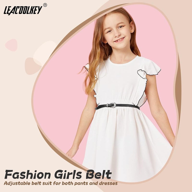 LEACOOLKEY Girls Leather Skinny Belt with Western Buckle for Dress Kids Adjustable Thin Waist Belt for Jeans - Image 3